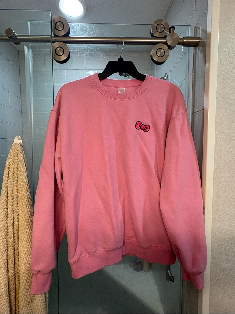 Hello Kitty Pink Crewneck Sweater with Embroidered Bow Chest Logo